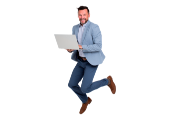 Businessman in suit jumping with laptop on transparent background, PNG