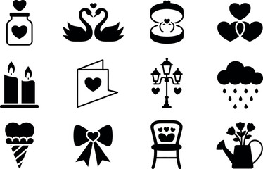 Romantic Valentine's Day vector icons:  black, simple style.