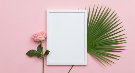 Empty White Frame Mockup on Pastel Wall with Flower and Palm Leaf

