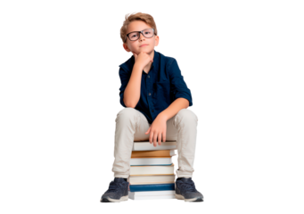 Child with glasses sitting on books posing thoughtfully on transparent background, PNG