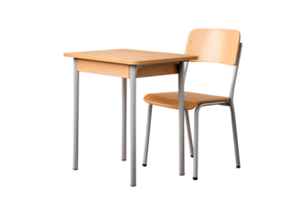 Wooden school desk and chair set with metal legs on transparent background, PNG