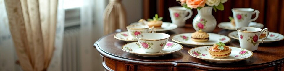Elegant vintage tea set on wooden table with floral china and pastries in classic room
