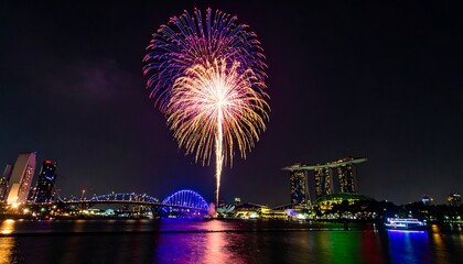 Spectacular Fireworks Display Over Singapore Skyline at Night with Water Reflections