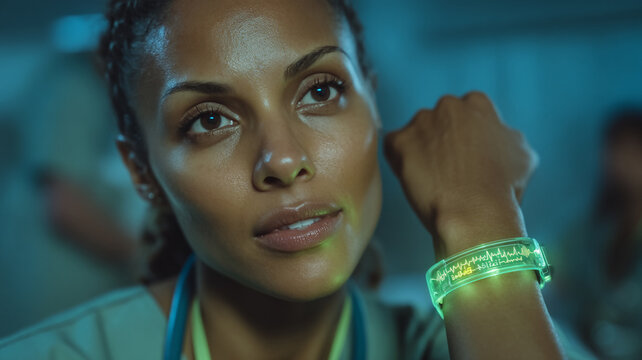 Scientist wearing neon wrist device for advanced biomedical monitoring