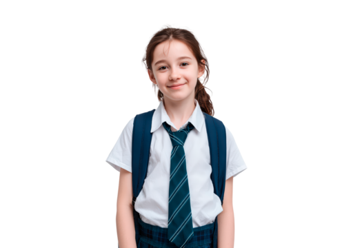 Vhild with backpack in school uniform on transparent background, PNG
