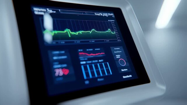 Medium shot featuring a digital console displaying heart rate variability data in crisp detail with the gently curved walls of the soundtherapy tunnel fading into a smooth blur