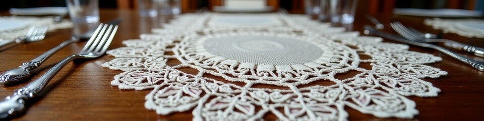 Elegant table setting with crochet lace doily and silver cutlery on wooden surface