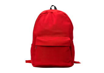 Red backpack showcasing minimalist design and functionality on transparent background, PNG