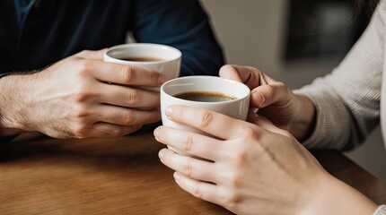 Man and woman drinking coffee. framing on hands. Close up woman and man holding cups of coffee on table	