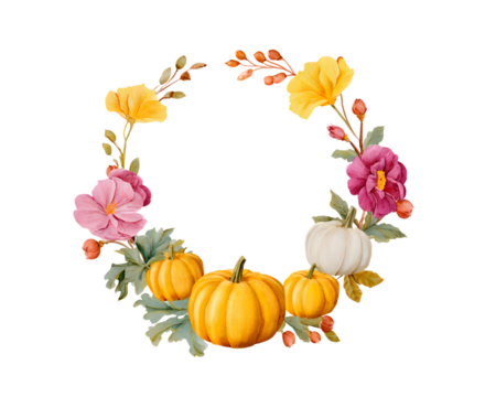 Autumn floral and pumpkin wreath with vibrant colors and leaves on transparent background, PNG