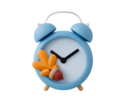 Blue alarm clock with autumn leaf and acorn decor on transparent background, PNG