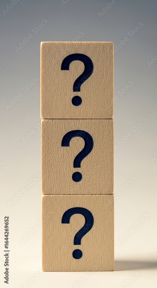 Poster three wooden cubes stacked vertically, each displaying a dark blue question mark, symbolizing inquir