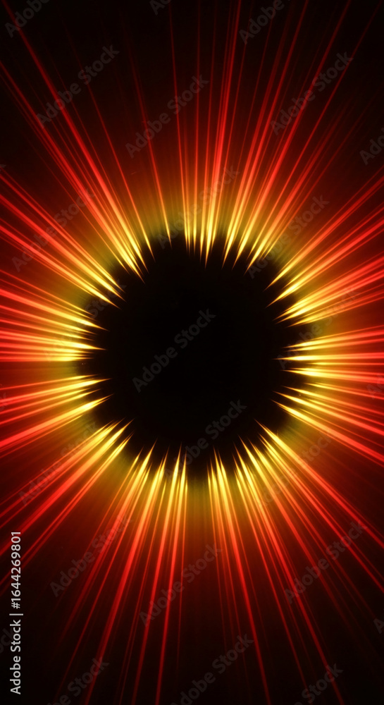 Poster abstract image with radiating red and yellow light streaks converging towards a dark central circle,