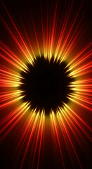 Obraz premium Abstract image with radiating red and yellow light streaks converging towards a dark central circle, creating a dynamic and energetic visual effect, suitable for various design applications