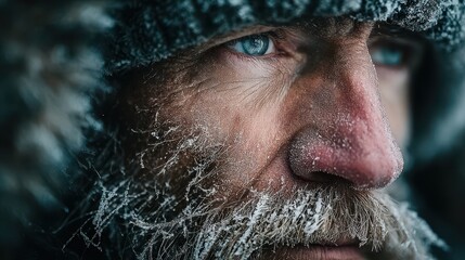 Man's face covered in snow and ice in extreme cold weather, wearing winter hat and fur-lined hood, focused on winter adventure