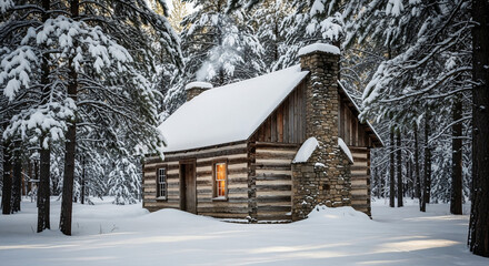 Cozy log cabin with stone chimney nestled in a snowcovered winter forest