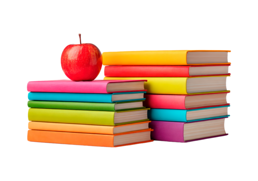 Colorful stacked books with red apple on top displaying vibrant education theme on transparent background, PNG