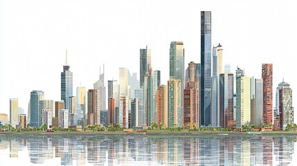 Naklejka premium Urban Cityscape Illustration With Modern Skyscrapers Reflecting in Water