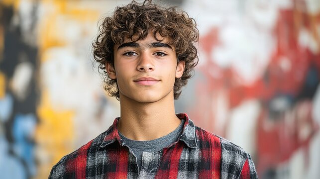 Close-up portrait of a teenage boy with curly hair and a plaid shirt.  Blurred background of colorful graffiti - Powered by Adobe
