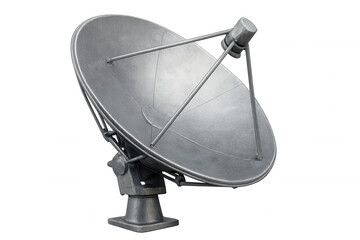 Large satellite dish pointing upwards, featuring a metallic finish, isolated on a transparent background