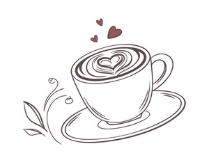 Hand Drawn Latte Art Coffee Cup with Heart Design and Swirls