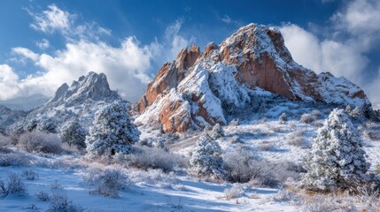 Colorado Winter: A Stunning Winter Wonderland at Garden of the Gods with Majestic Snow-Covered Mountains and Vibrant Blue Sky