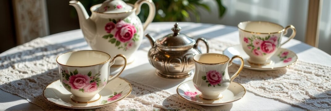 Elegant floral tea set on lace tablecloth in sunlit room - Powered by Adobe
