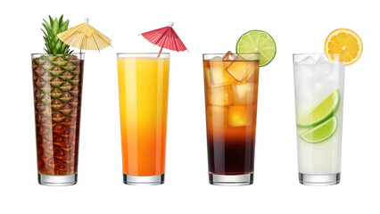 Four refreshing tall glasses filled with colorful alcoholic cocktails and garnishes isolated on transparent background