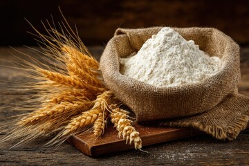 Rustic Barley Flour in a Bowl Surrounded by Wheat Ears and Grains on a Wooden Table