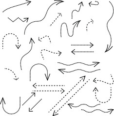 Vector set of various hand-drawn, dashed-line doodle arrows. Ideal for creative designs, presentations, annotations, and graphic elements.