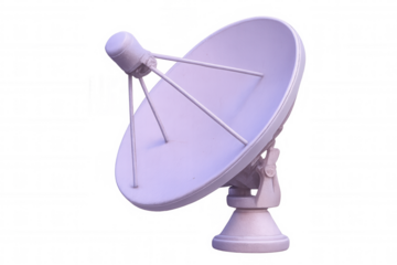 Massive satellite antenna pointing skyward, receiving communication signals on clean white backdrop, representing technological connectivity