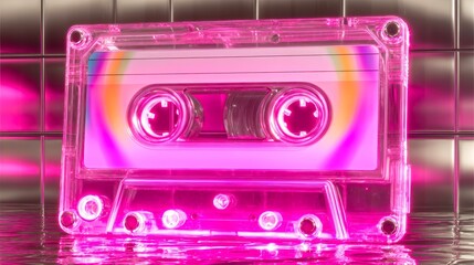 Neon Pink Cassette Tape Glowing Against a Reflective Background With a Vibrant Atmosphere