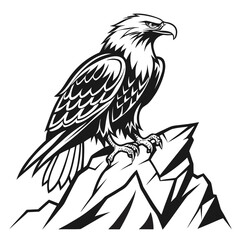 Obraz premium Stylized black and white silhouette of a perched eagle on a rocky outcrop bird