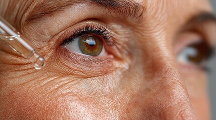 Capturing the essence of self-care, a woman gently applies hydrating serum to her eye area during her daily skincare routine in a bright and inviting bathroom setting