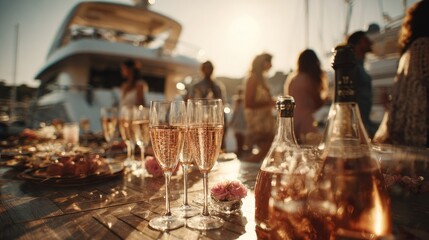 Champagne glasses and bottles on a table near a yacht
