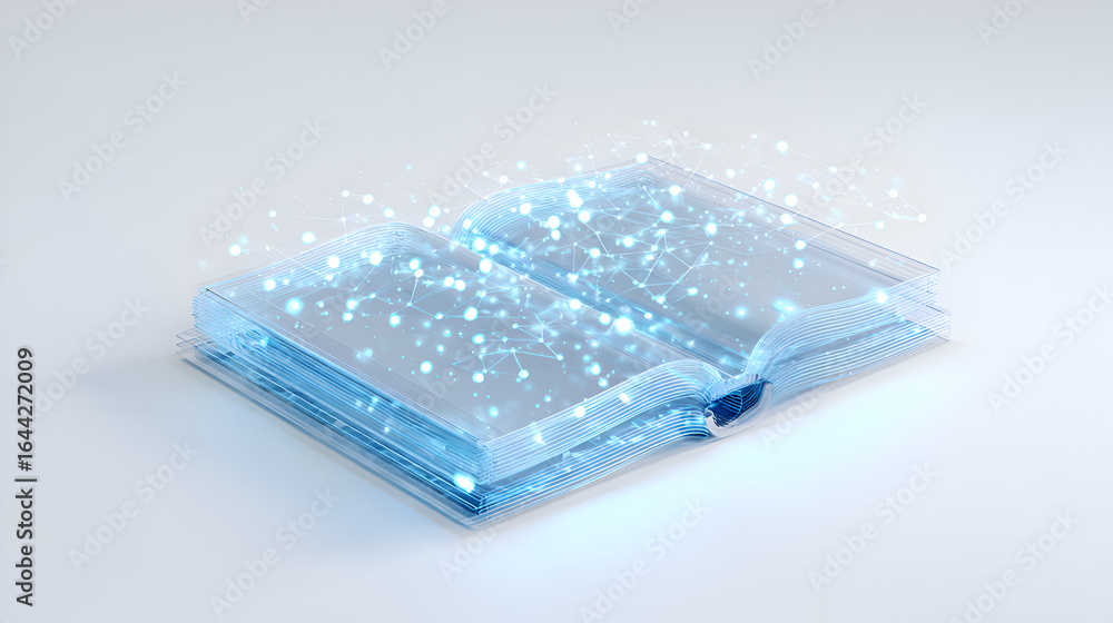 Poster open digital book glowing with blue light and data lines 3d render futuristic technology concept kno