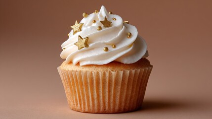 Delicious Cupcake with White Frosting and Golden Star Sprinkles