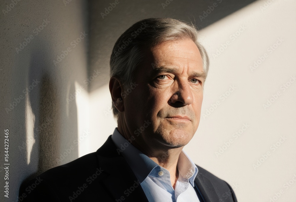 Poster portfolio manager analyzing investment performance with a focused expression