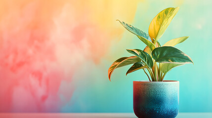 Potted green plant with yellowing leaves against a colorful abstract background