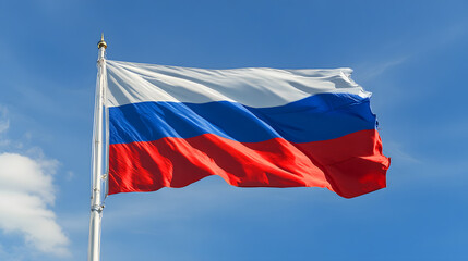 Russian Federation flag fluttering on a flagpole under a blue sky