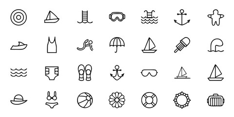 Ocean Activities & Water Sports Icon Bundle &ndash; Minimalist Line Art Surfboard, Scuba Gear, Kayak, Paddleboard, Lifeguard Tower, Beach Essentials, and Marine Recreation &ndash; Coastal & Nautical Vector Icons 