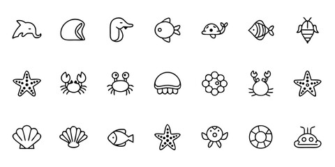 Marine Life Icon Bundle &ndash; Minimalist Line Art Dolphins, Whales, Turtles, Starfish, Crabs, Octopus, Coral, and Diverse Sea Creatures &ndash; Ocean Conservation & Nautical Vector Icons