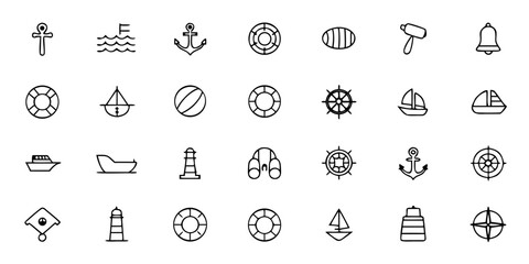 Nautical Elements Icon Pack &ndash; Minimalist Line Art Anchor, Ship Wheel, Lighthouse, Life Buoy, Sailboat, Compass, Rope, and Maritime Equipment &ndash; Boating & Marine Navigation Vector Icons