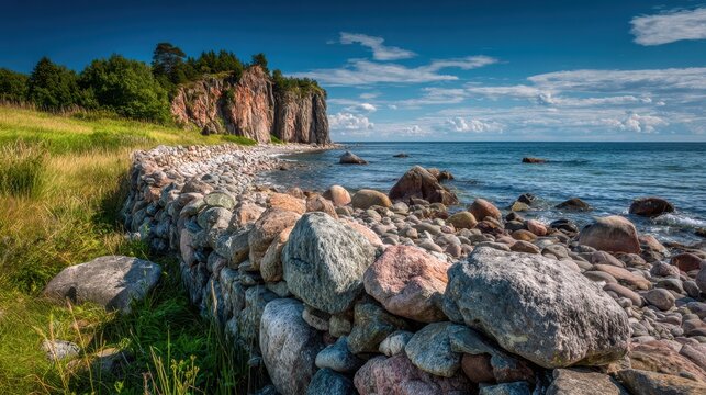 Summer Serenity: Vibrant Stone Wall on Estonia's Pakri Coast Overlooking the Baltic Sea