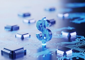 Glowing blue dollar sign symbol on a digital circuit board with microchips, representing financial technology and digital economy