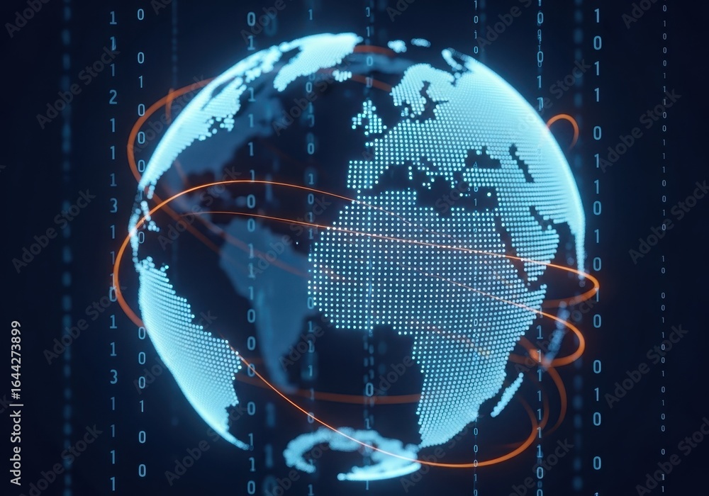 Poster digital globe with glowing continents, surrounded by orbiting lines and binary code, representing gl