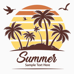 Fototapeta premium Stylized vector graphic of palm trees on an island with a striped sunset and flying birds summer tropical