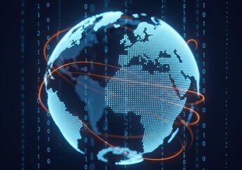Digital globe with glowing continents, surrounded by orbiting lines and binary code, representing global network and technology