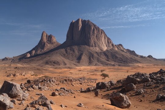 Vast Sahara Plateau: Arid Landscape of Hoggar Mountains in Algeria with Expansive Dry Sky