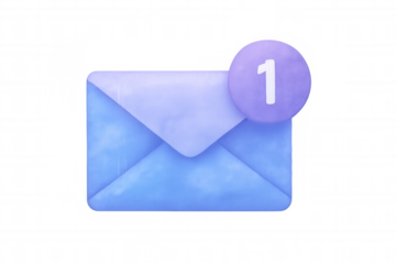 3d rendering of a blue message envelope icon with notification badge showing one unread email on a transparent background